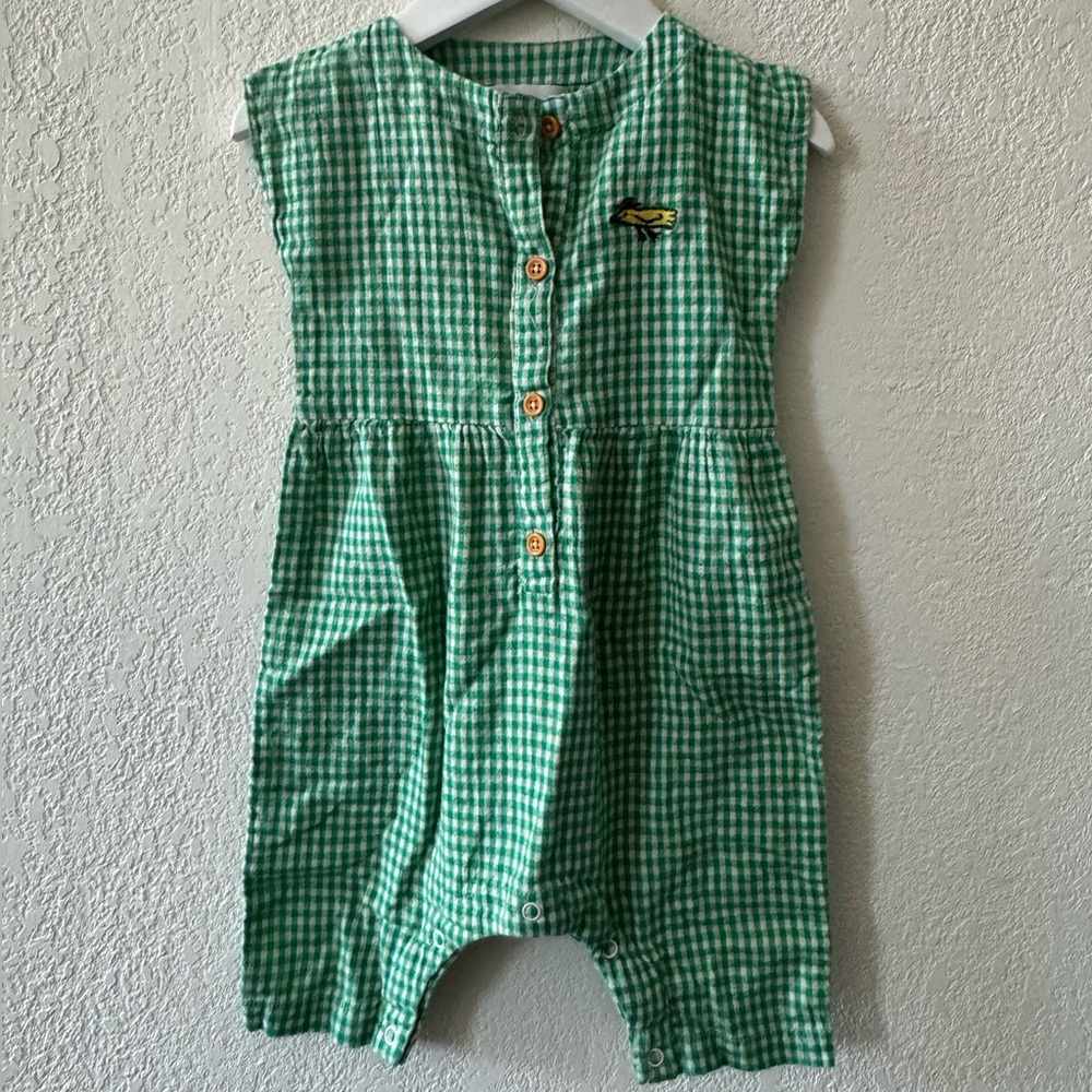 Bobo Choses 9M Linen Blend Gingham Playsuit Green/White
